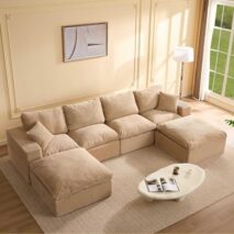 137.8” Sectional Couches for Living Room, Cloud Couch, Modular Sectional Sofa, Convertible Sofas Bed, Deep Seat Sofa, U Shaped Cozy Sofa Furniture Set, Corduroy, Camel